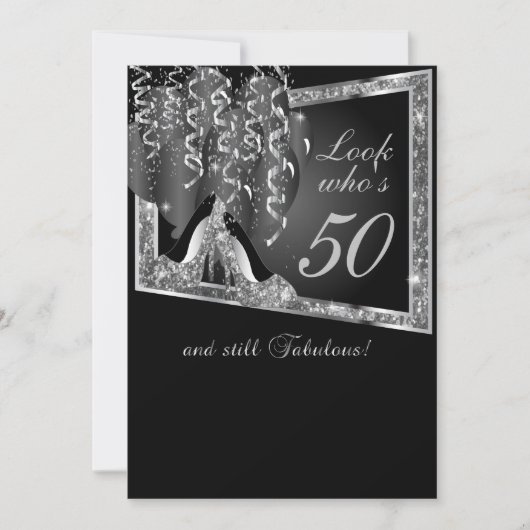 DIYエイジ誕生日パーティー | シルバーグリッター&ブラック 招待状 (正面)