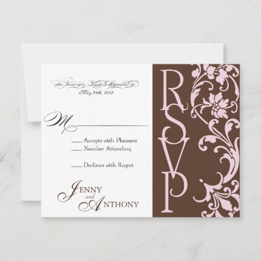 DIYエレガントシンプルチョコレートとピンクのRSVP 出欠カード (正面)