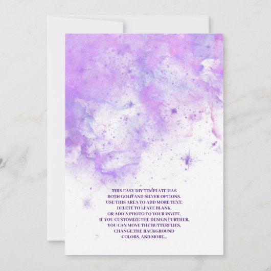 DIYエレガント金ゴールドと紫色の蝶ブライダルショウ 招待状 (裏面)