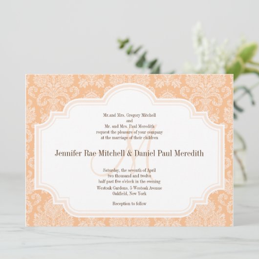 DIYカスタムウエディング招待状ピーチダマスク 招待状 (スタンド正面)