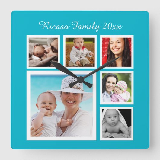 DIYカスタムパーソナライズされたフォトコラージュテンプレート スクエア壁時計 (正面)