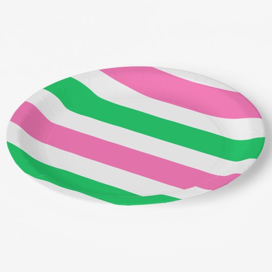 DIYカラーズホットピンクエメラルドグリーンホワイトストライプ ペーパープレート (アングル)