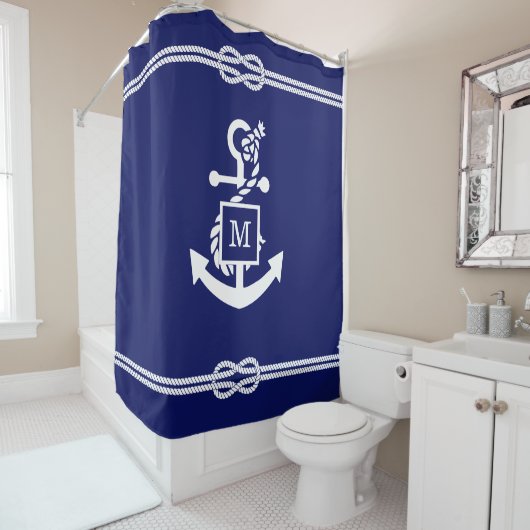 DIYカラーズロープノットいかりモノグラムネイビーホワイト シャワーカーテン (インサイチュ)