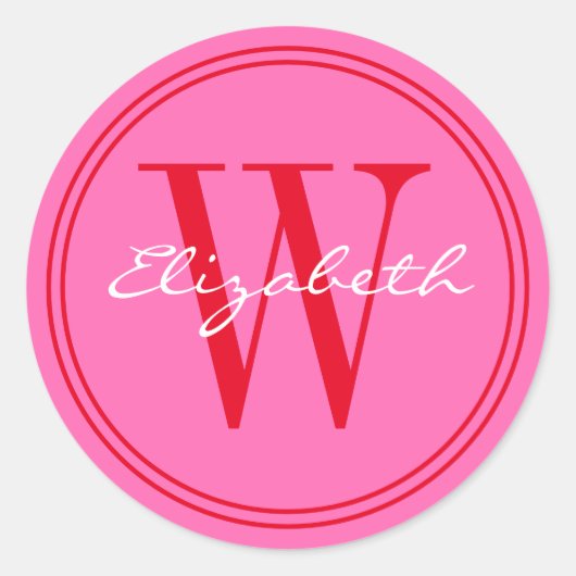 DIYカラー名モノグラム封筒用シール赤ピンク ラウンドシール (正面)
