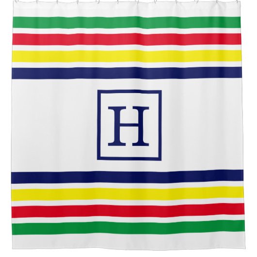 DIYカラー4ストライプ色レッドブルーイエローグリーンホワイトM シャワーカーテン (正面)
