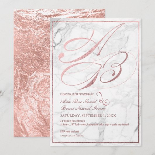 DIYカラー、イニシャル、偽のローズゴールドのファンシーなスクリプト 招待状 (正面/裏面)