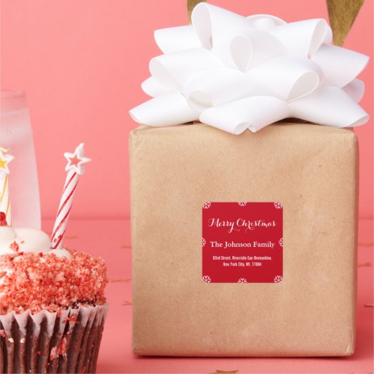 DIYクリスマスレッドエレガントホワイトスクリプトの雪片 スクエアシール (パーティー)