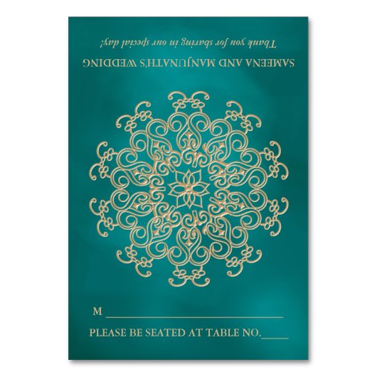 DIYティール(緑がかった色)及び金ゴールドインディアンテントスタイルシーティングプレイス テーブルナンバー (正面)