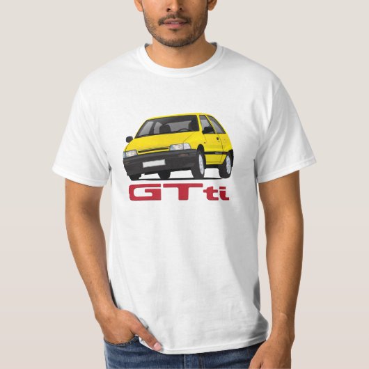 diyバッジと黄色いDaihatsuのシャラードGTtiターボ Tシャツ (正面)