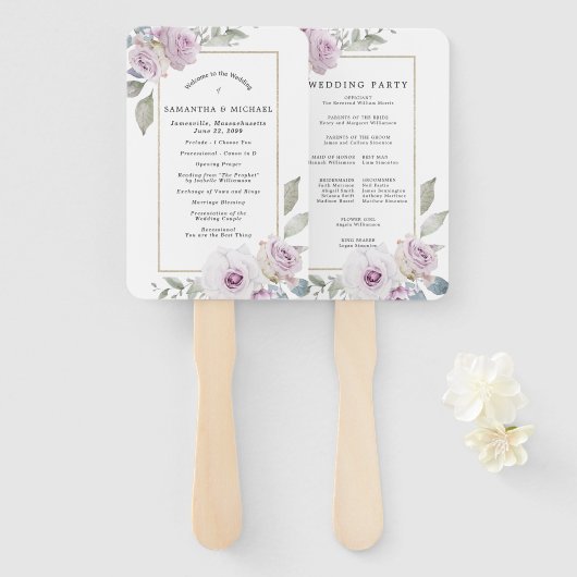 DIYパープル素朴フローラ結婚式 プログラム ハンドファン (正面&裏面)