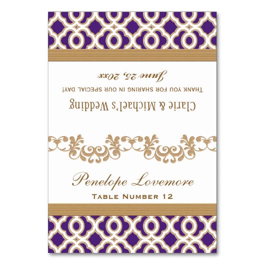 DIYパープル金ゴールドモロッコフォールドオーバー座席表 テーブルナンバー (正面)