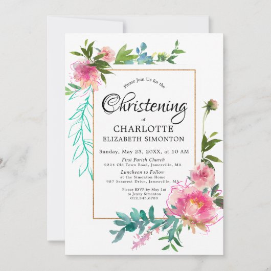 DIYピンクフローラ水彩《キリスト教》洗礼式や命名式招待状 招待状 (正面)
