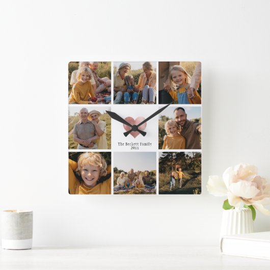 DIYファミリモダンーフォトコラージュバラ金ゴールドハート スクエア壁時計 (ホーム)