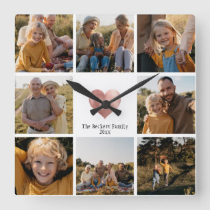 DIYファミリモダンーフォトコラージュバラ金ゴールドハート スクエア壁時計