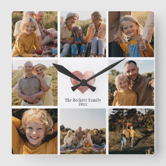 DIYファミリモダンーフォトコラージュバラ金ゴールドハート スクエア壁時計 (正面)