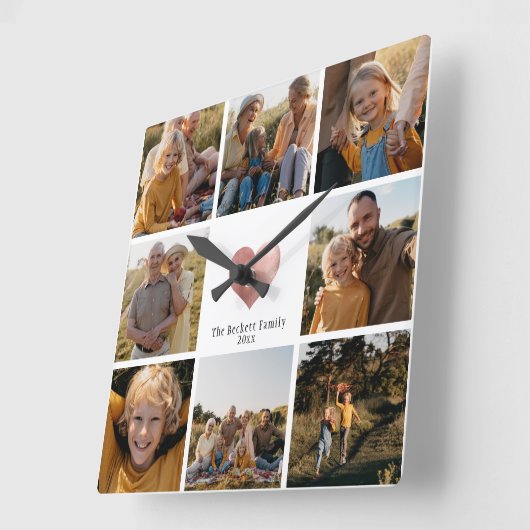 DIYファミリモダンーフォトコラージュバラ金ゴールドハート スクエア壁時計 (傾斜)