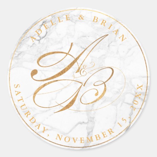 DIYフェイク金ゴールド書道モノグラム/白大理石 ラウンドシール (正面)