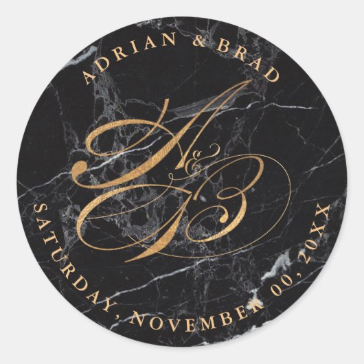 DIYフェイク金ゴールド書道モノグラム/黒大理石 ラウンドシール (正面)