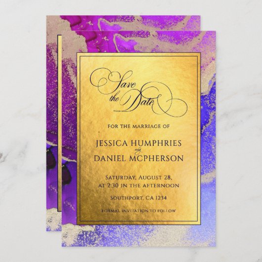 DIYフォトパープル金ゴールド結婚抽象芸術ズフラット セーブザデート (正面/裏面)