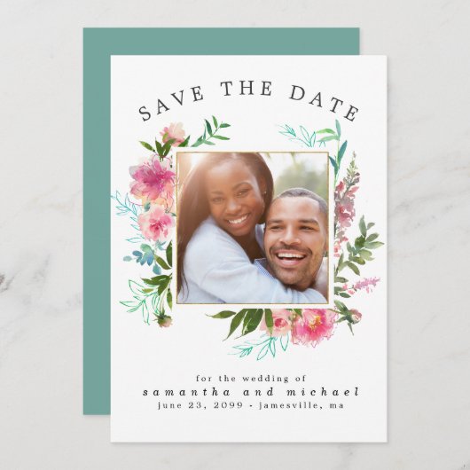 DIYフォトモダンピンクフローラ水色牡丹 セーブザデート (正面/裏面)