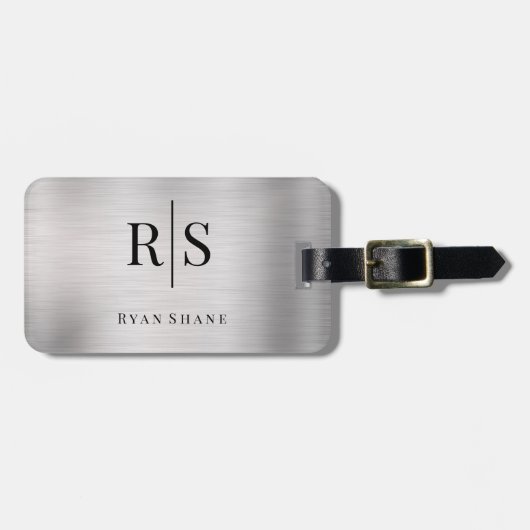 DIYブラックエレガントモノグラム&ネーム、ブラッシュシルバー ラゲッジタグ (正面横)