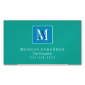 DIYホワイト/ブルーモノグラム名ホワイトフレーム，ティール（緑がかった色） マグネット名刺 (正面)