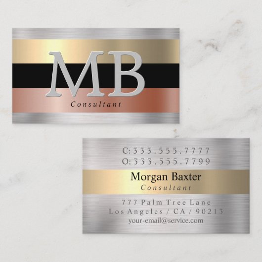 DIYモノグラム、イル&バラ金ゴールド、ブラシ付きスチールブラック 名刺 (正面/裏面)