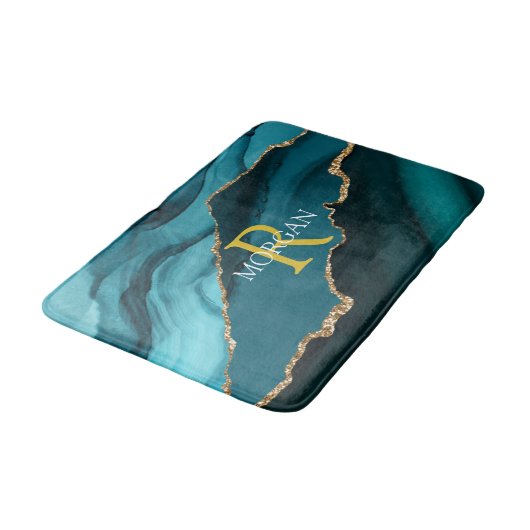 DIYモノグラム/名前金ゴールド/白、黒/ティール(緑がかった色)アガートVs2 バスマット (アングル)