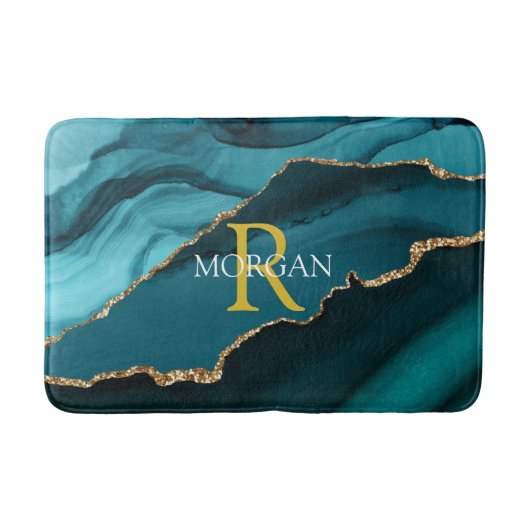 DIYモノグラム/名前金ゴールド/白、黒/ティール(緑がかった色)アガートVs2 バスマット (正面)