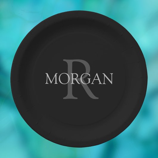 DIYモノグラム&名前、グレークラシック文字付きブラック ペーパープレート