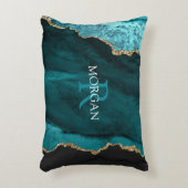 DIYモノグラム&名前，ブラック金ゴールド&ティール（緑がかった色）アゲート アクセントクッション (正面(垂直))