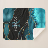 DIYモノグラム&名前，ブラック金ゴールド&ティール（緑がかった色）アゲート シェルパブランケット (正面(横))