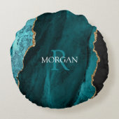 DIYモノグラム&名前，ブラック金ゴールド&ティール（緑がかった色）アゲート ラウンドクッション (裏面)