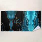 DIYモノグラム&金ゴールド名，ブラック金ゴールド&ティール（緑がかった色）アゲート ビーチタオル (正面)