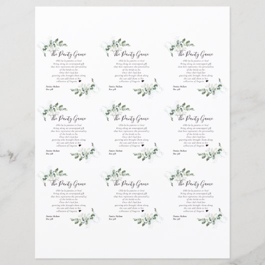 DIYユーカリブライダルシャワーパンティゲームカード (正面)