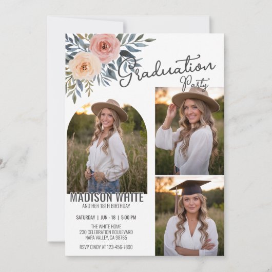 DIY写真卒業誕生日デリケートフローラデコ 招待状 (正面)