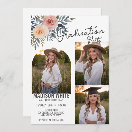 DIY写真卒業誕生日デリケートフローラデコ 招待状 (正面/裏面)