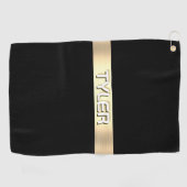 DIY名ホワイト、ブラシ付き金ゴールドストライプ、ブラック ゴルフタオル (横)