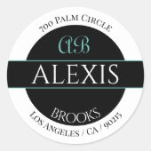 DIY名前アドレスモノグラム、ホワイトブラック&ティール（緑がかった色） ラウンドシール (正面)