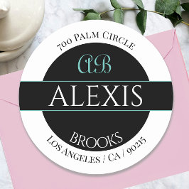 DIY名前アドレスモノグラム、ホワイトブラック&ティール（緑がかった色） ラウンドシール