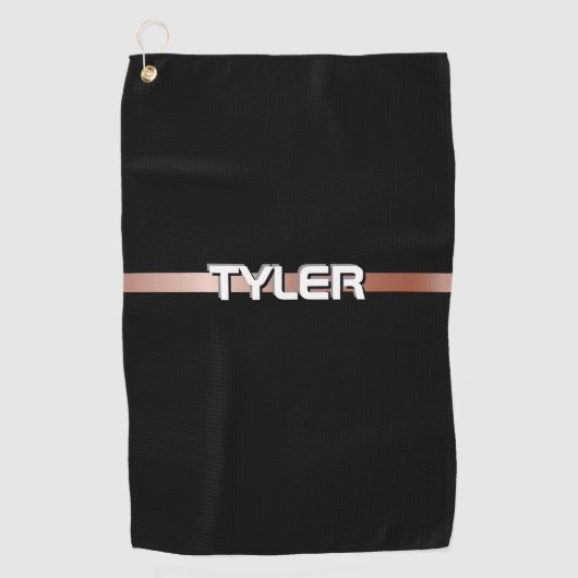 DIY名前ホワイトブラック&グレーバラストライプ金ゴールド、ブラック ゴルフタオル (正面)