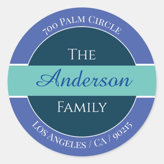 DIY名前差出人住所ラベル、青、ティール（緑がかった色）、白 ラウンドシール (正面)