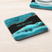 DIY名前、ブラック、金ゴールド&ティール（緑がかった色）アガテスクエア コースター (左側)