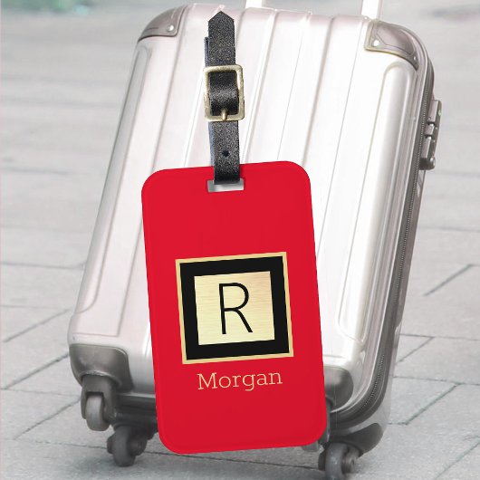 DIY名前&モノグラム、ブラック&金ゴールドボックス、赤 ラゲッジタグ