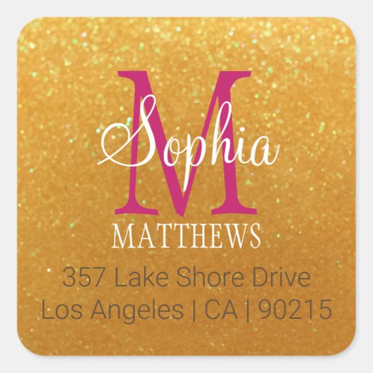DIY名前&モノグラム、金ゴールドグリッター、マルーン、ホワイト スクエアシール (正面)