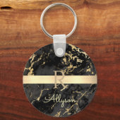 DIY名前&モノグラム、金ゴールドバー、ブラック&金ゴールド大理石 キーホルダー (正面)