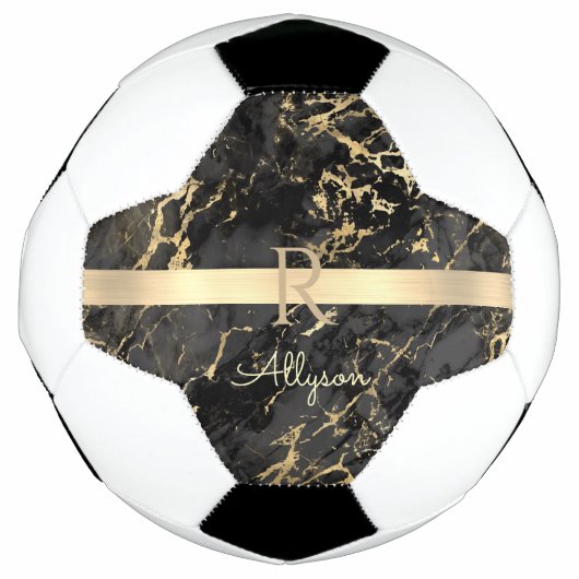 DIY名前&モノグラム、金ゴールドバー、ブラック&金ゴールド大理石 サッカーボール (正面)