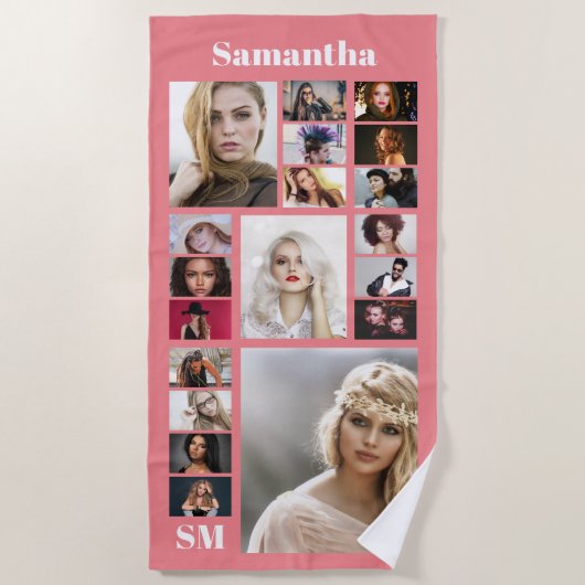 DIY家族19人写真BFF記念カップルモノグラム ビーチタオル (正面)