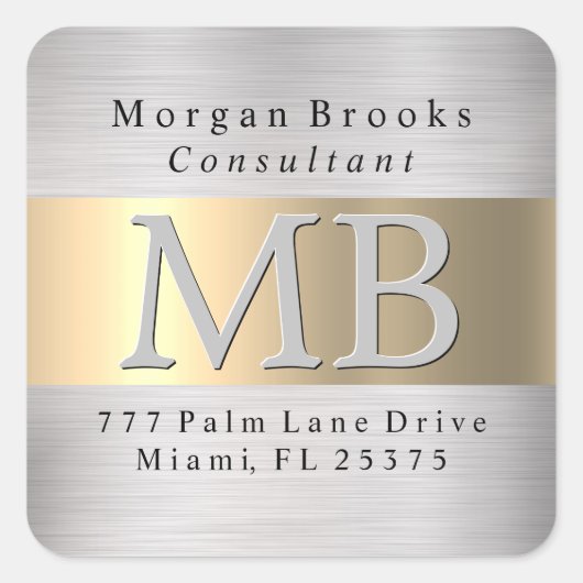 DIY差出人住所ラベル、ブラシ付きスチールおよび金ゴールドVs2 スクエアシール (正面)