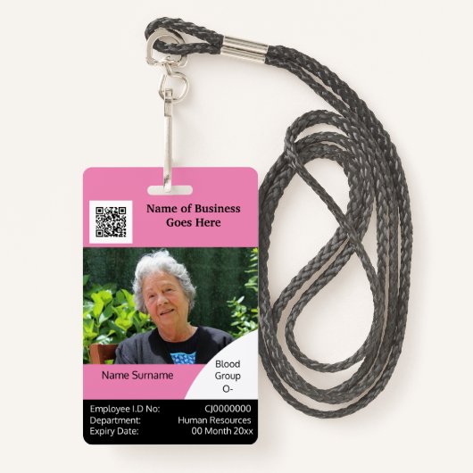 DIY従業員IDカードピンクの白黒テンプレート バッジ (正面ランヤード)